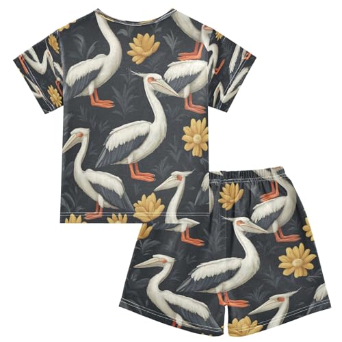 Pajama Sets Short Sleeve Elegant Bird Floral Design Soft Cotton Summer Sleepwear 2 Piece PJS Size 5-14T2