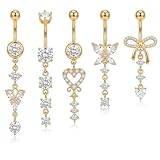Dermalyx Juego De 5 Piezas De Piercing Para El Ombligo, Estilo Largo, Acero Inoxidable Chapado En Oro, Anillo Para Ombligo Con Cristal De Corazón Y Lazo, Joyería Para Bel