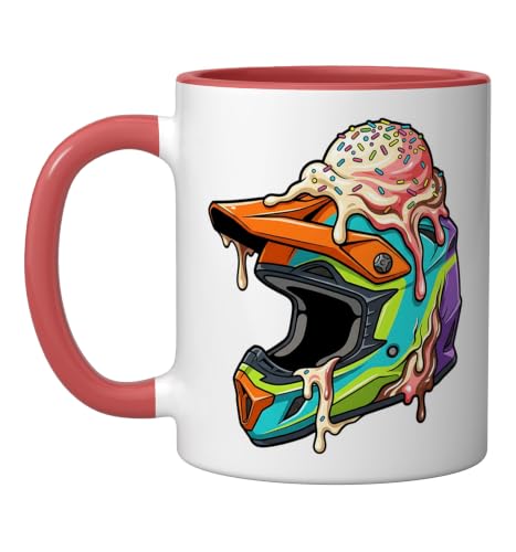 Motocross Helmet Ice Cream Melt Drip Dirt Bike Racing Men Ceramic Mug, Red/White