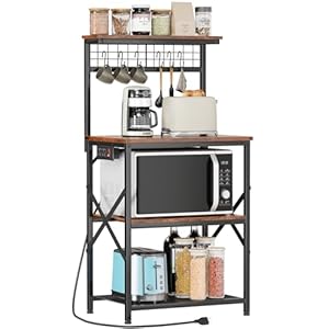 Furologee Kitchen Bakers Rack with Power Outlet, Microwave Oven Stand with Storage 4 Tiers, Coffee Bar Table with 6 S Hooks, Kitchen Storage Shelf Rack for Spices, Pots, Rustic Brown