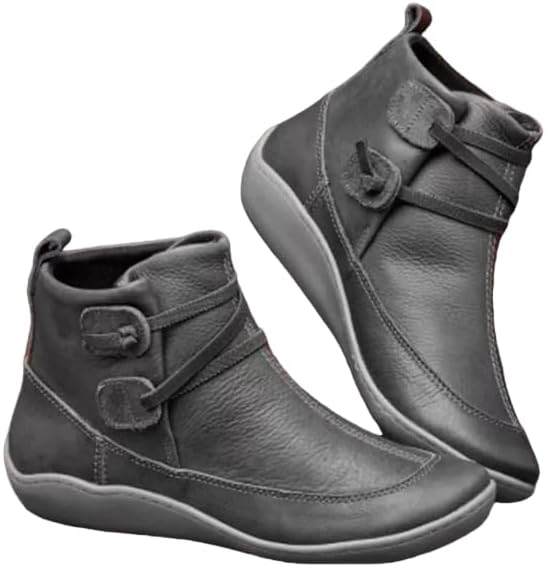Fall Ankle Boots for Women No Heel, Arch Support Boot Fashion Lace Up Side Zipper Vintage Ankle Booties, Comfortable Slip on Flat Low Heel Boots