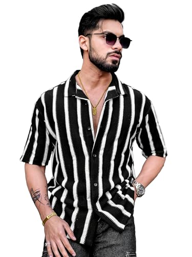 Image of Maniac || Mens || Striped || Collared Neck || Half Sleeve || Popcorn Knitted || Shirt