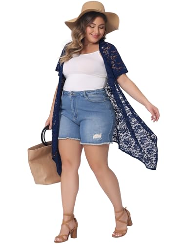 Image of Agnes Orinda Plus Size Lace Crochet Cardigan for Women Open Front Short Sleeves Sheer Cover Up Jacket