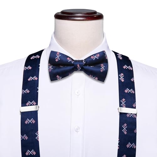 Image of Hi-Tie Men Suspender Bowtie Set Suspenders Pre-tied Bow Tie Pocket Square Cufflinks Adjustable Y Shape 6 Clips Braces Tuxedo
