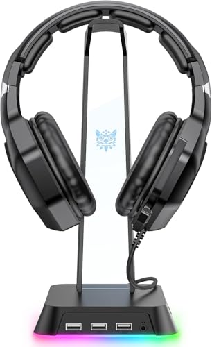 PHNIXGAM RGB Headphone Stand with 3.5mm AUX and 3 Port USB 2.0 Hub Universal Gaming Headset Hanger Holder for Computer Gaming Gamer Accessories (Black)