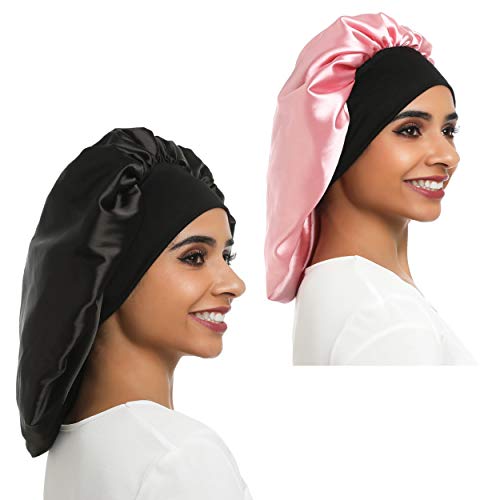 2 Piece Women Large Satin Bonnet Sleep cap Hair Bonnet Satin Cap Wide Elastic Band for Curly,Braids, Dreadlocks, Long Hair (ADULT, Black&Pink)