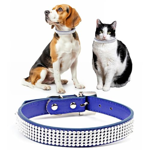 Trimming Shop Pet Collar with Rhinestones for Dogs and Cats - Pu Leather Band with Diamante Crystals Large Blue