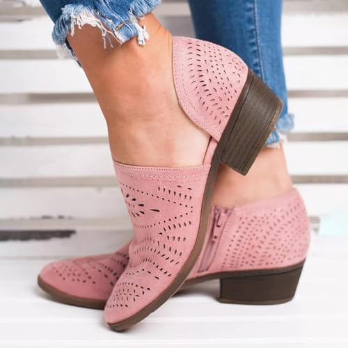SACFOF Women's Ankle Boots Casual Cutout Booties Chunky Stacked Heel Perforated Side V Cut Western Shoes Slip-on Short Boots3