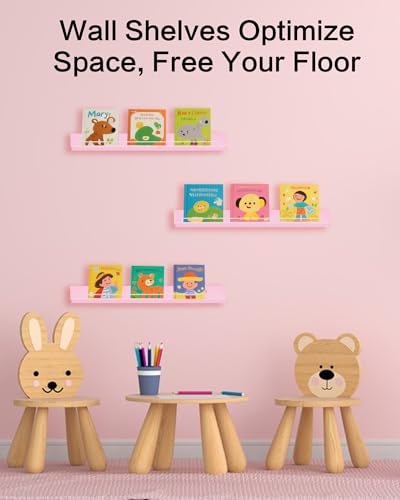 Jemyxhw Wandregal, Schweberegal, 3er Set, 14 x 40 cm, Bilderleiste Holz Wandregal Kinderzimmer Bücherregal Wand für Wohnzimmer, Schlafzimmer, Bad, Küche (Rosa)