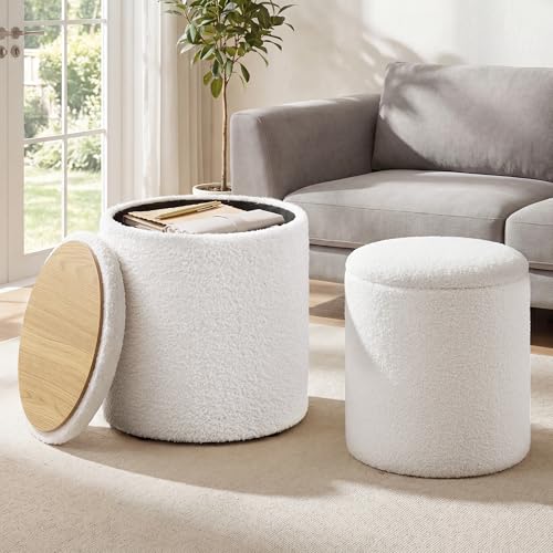 SONGMICS Vanity Stool Set of 2 Round Storage Ottoman Small Ottoman Coffee Table Foot Stool Removable Lid for Living Room Bedroom Hallway Easy Assembly Teddy Fleece Cream White ULOM013WD01