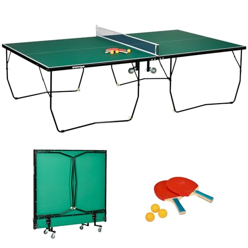 SPORTNOW Mesa de Ping Pong Plegable para Interiores Mesa de Tenis Profesional Tamaño Estándar con Red Paletas 3 Pelotas 274x152,5x76 cm Verde