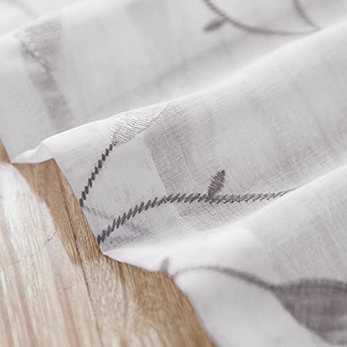 Lazzzy White Sheer Curtains Embroidered Floral Bedroom Curtains Farmhouse Leaf Voile Drapes For Living Room Privacy Window Curtain Set Of 2 Panels Grommet Top 63 Inch Length Grey On White #TOP5
