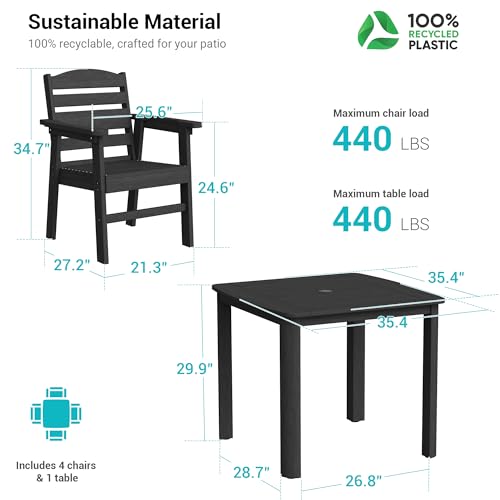 Image of 5-Piece Outdoor Dining Set for 4, HDPE Patio Dining Table and Stackable Chairs Set, Weather Resistant Square Table with Umbrella Hole for Garden, Backyard, Lawn and Poolside, Black