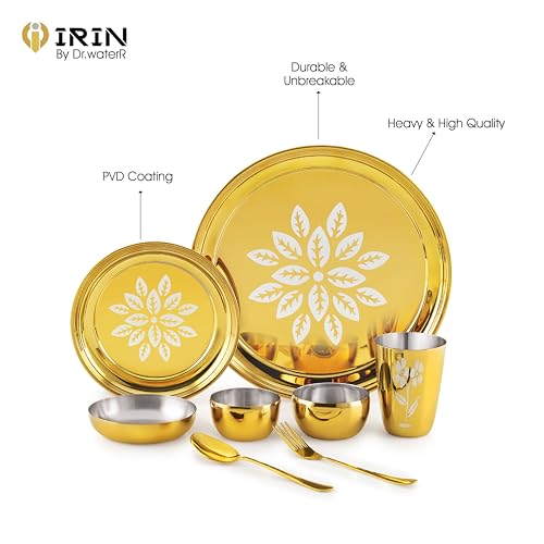 Image of iRiN by Dr.WaterR Parivar Stainless Steel Designer Dinner Set Gold PVD | Kitchen Set | Ideal for Home | Restaurant | Gifting | Wedding | Bowls, Plate, Glass, Spoon, Fork (Pack of 51pc - for 6Person)