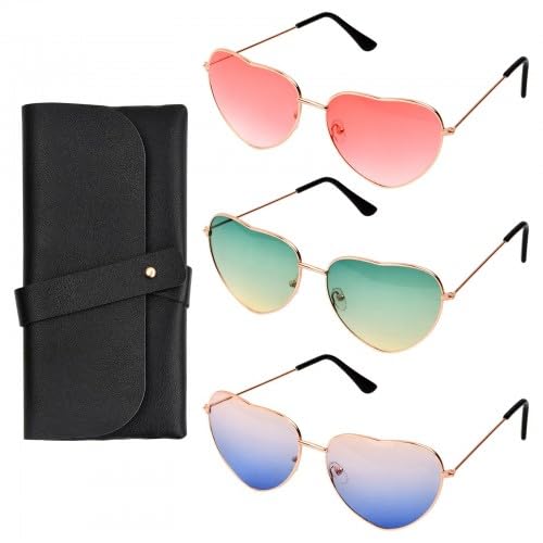 Nivofu3 Pcs Metal Heart Sunglasses - Hippy Style Round Shades Sunglasses Women, Love Heart Shaped Sunglasses Ladies with a glasses bag for Outdoor Activities & Themed Parties, UV400 Protection