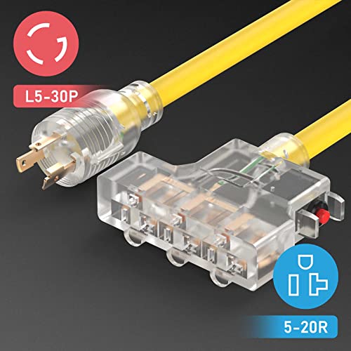 Tooliom L5-30P Generator Power Extension Cord 30A 125V Three 5-20R/5-15R Outlet 25 Feet With Protector Breaker #TOP1