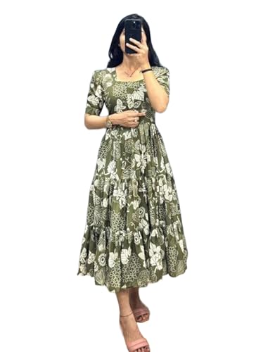 Image of Modestouze Attires Women's Paisley Pattern Rayon Midi Dress with Half Puff Sleeve Round Neck Calf Length and Pull On Closure Type