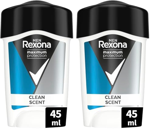 Rexona Men Stick Anti-Transpirant Homme Maximum Protection Clean Scent Dry, Efficacité 96h, 3x Plus Efficace, Parfum Frais, 45ml (Lot de 2)