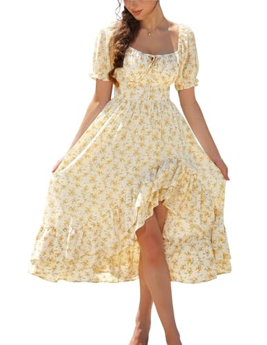 SCARLET DARKNESS Womens Summer Casual Maxi Dress UK Wedding Guest Milkmaid Long Dress Cocktail Party Beach Sundress for Ladies Yellow Floral L