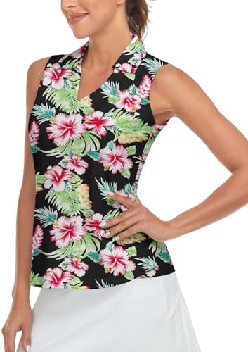 Soneven Women's Sleeveless Golf Top Floral Athletic Golf Wear Moisture Wicking Sleeveless Polo Quick Dry
