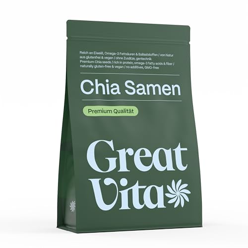GreatVita Chia Samen 1kg – Naturbelassen, reich an Omega-3 & Ballaststoffen | Ideal für Smoothies, Joghurt, Salate, Backen, Chia-Pudding & Brei