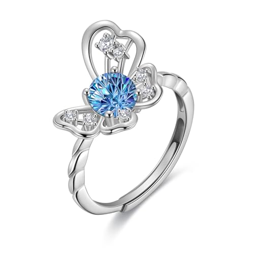 Birthstone Butterfly Opening Ring - 925 Sterling Silver Firework-Cut September Sapphire Cubic Zirconia Adjustable Ring Anniversary Promise Ring Birthday Jewelry Gift for Women Wife Mom DR0165S