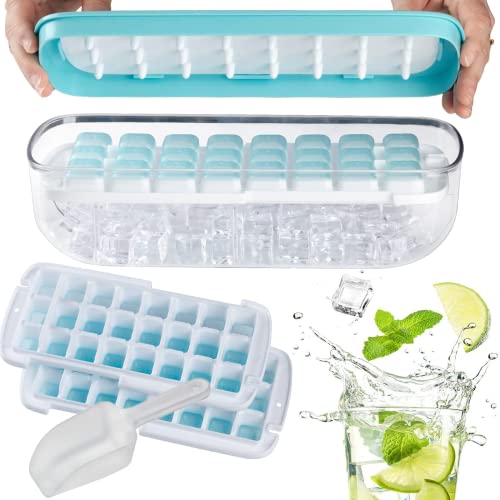 AUTOYSUR Press Type 48-Ice Cube Tray Quickly Ice Cubes Release - Plastic Stackable Maker Mold with Ice Container Scoop and Lid for Freezer Whiskey Cocktail Tea Coffee (Blue)