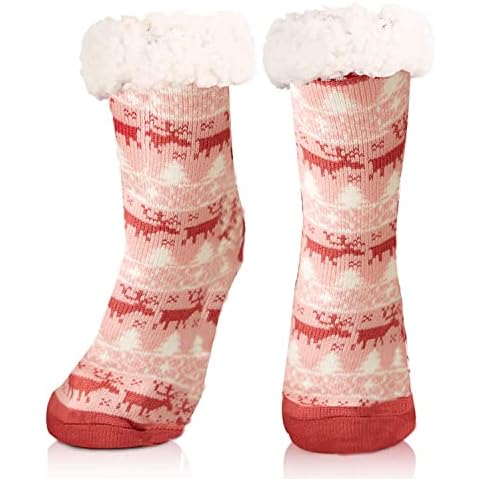 Hanzapor Slipper Socks Women's Furry Bed Socks Soft Warm Comfortable Fleece Lined with Grip Slipper Socks Non-Slip Home Christmas Socks(Red) Cover