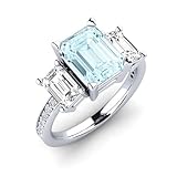 Aquamarine Emerald Cut Octagon 9x7mm Three Stone Ring | Sterling Silver 925 With Rhodium Plated | Beautiful Three Stone Emerald Cut Ring For Woman's And Girls (V)