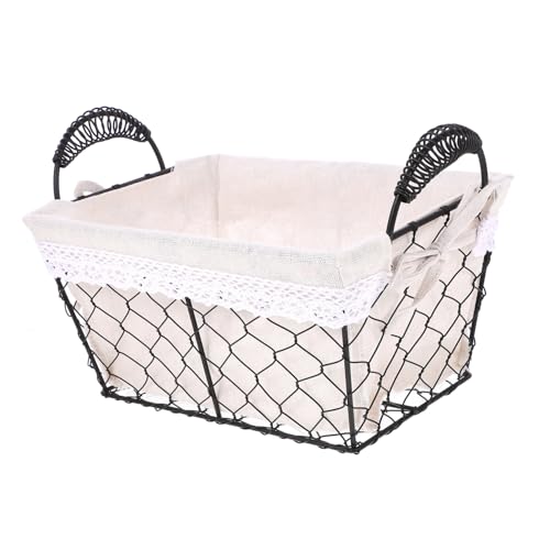DECHOUS Nordic Style Iron Wire Basket with Lining Portable Double Handle Storage for Fruits Bread and Miscellaneous Items for Home Dining and Picnics