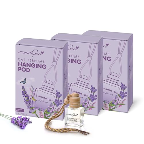 Image of Aromahpure Premium Car Perfume Hanging Pod |10 ML |Lavender Fragrance Car Air Freshener |Natural Fragrance Oils in Glass Bottle with Wooden Diffuser Lid |Last upto 30 Days (Pack 3), IFRA certified