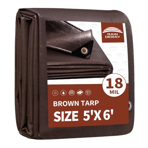 RAINDEWAY Tarp 5x6ft Brown Tarps Heavy Duty Waterproof 18Mil Extra Thick