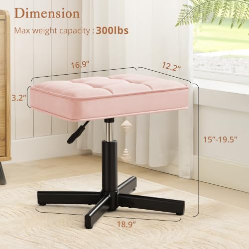 Image of LUE BONA Adjustable Vanity Stool, 15''-19.5'' Foot Rest Under Desk, 360 Swivel Vanity Chair for Makeup Room, Pink Upholstered Faux Leather Ottoman for Bathroom & Living Room, 300lbs