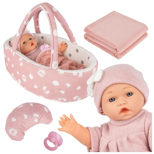 Kinderplay Poupée avec Porte-bébé et Accessoires, 30 cm, avec Couverture, Oreiller et tétine, poupée réaliste, pour Enfants à partir de 3 Ans, Cadeau pour Fille