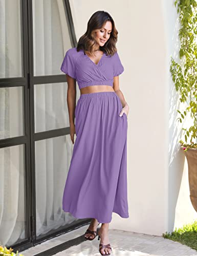Merokeety Women's Summer Two Piece Outfits V Neck Puff Sleeve Crop Top And Flowy Maxi Skirt Set,Purple,Xl #TOP1