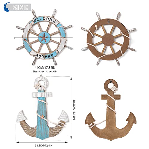Asense Set Of 2-17.4" Nautical Beach Wooden Ship Steering Wheel And 15.1" Wood Anchor With Rope, Boat Steering Rudder Wall Decor Door Hanging Ornament Beach Theme Home Decoration, Blue & White #TOP5