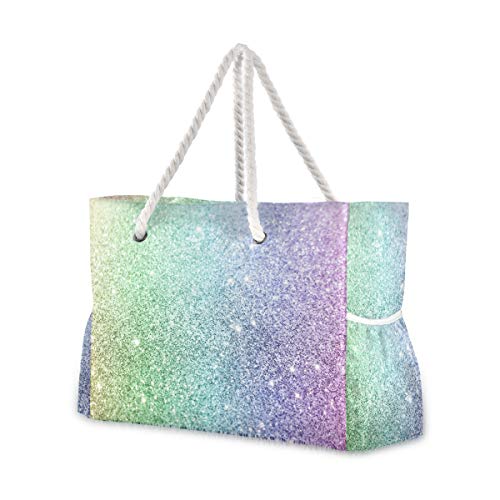 ALAZA Beach Bag, Rainbow Glitter Travel Tote Bags for Camping, Exercise