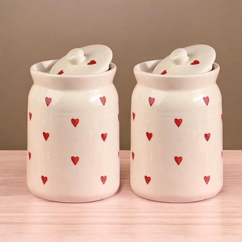 Image of Heart-Shaped Ceramic Storage Jar Set - 2 x 2 KG (2000 ml) - Martban Pickle Container - Kitchen Storage for Pickle, Chutneys and Sauces - Durable, and Easy to Clean (Pack of 2), Brown