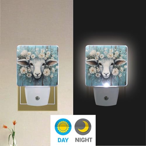 Image of Flower Sheep Wooden Night Lights 2 Pack Plug-in Wall Led Nightlight Auto Dusk-to-Dawn Sensor Lamps for Bedroom Kitchen Bathroom