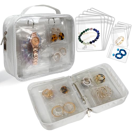 LingLingo Travel Jewelry Organizer Case Transparent Jewelry Storage Book Binder Bag for Earrings Rings Necklace Bracelet (White-Clear Window)