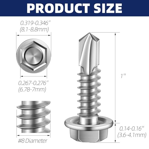 #8 x 1" Hex Washer Head Self Tapping Sheet Metal Screws with Drill Point, Stainless Steel 410, Self Drilling, 100 PCS