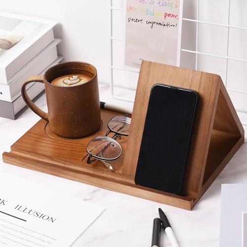Wooden Book Holder Stand Book Rest Book Nook Reading Valet with Cup Tray, Pen Holder, Groove Holder for Phone and iPad Reading Accessories for Book Lovers Mother’s Day Father’s Day Gift Ideas (Brown)