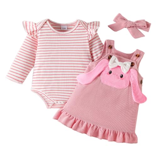 LUVCES - LUVCES Ensemble 3 Pièces Bébé Fille Jupe en Velours Côtelé + Haut à Manches Longues Côtelé en Forme de Cœur + Bandeau Vêtement Tenue Saint Valentin Set 3Pcs Lapin rayé rose 6-12 Mois