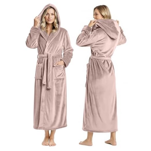 NY Threads Premium Womens Robe with Hood, Plush Fleece Long Bath Robe for Women, Fluffy Soft Women's Bathrobe, Large, Taupe