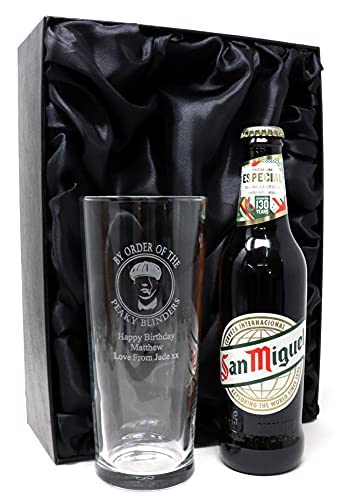 Personalised Engraved Pint Glass & Beer Gift Set - Peaky Blinders Design (San Miguel Premium Especial Lager Beer, Silk Lined Gift Box)