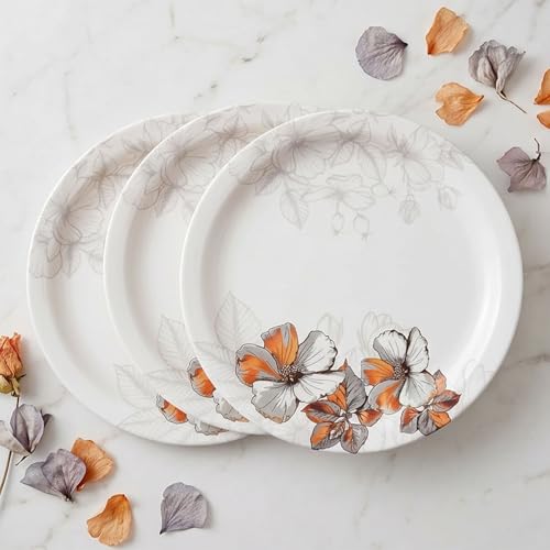Image of Melamine Quarter Plates | Round Half Plate | Microwave Safe | Break Resistant | Plates for Snacks, Lunch, Dinner | Plates for home, Office, Restaurant | Set of 6 | 7 Inch's (Orange flower)