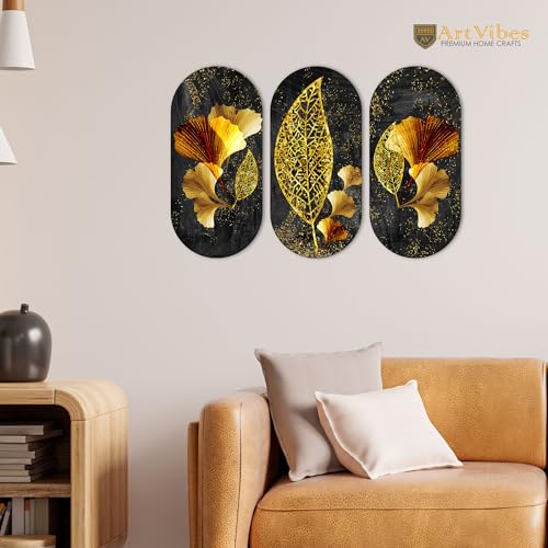 Image of Artvibes Golden Leaf Auspicious Wooden Art Work Wall Hanging For Good Luck Properity Vastu | Spiritual Decor Items | Paintings | Wall Illustrations| Modern Decor Item | Ideal Gift (WH 9001N), Set of 3