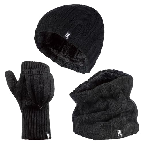 HEAT HOLDERS - Ladies thermal winter warm fleece cable knit Hat, Neck Warmer and Converter Gloves set (Black)