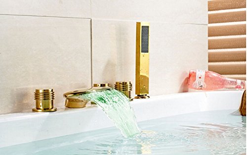 Mitigeur baignoire LED or Gowe avec trois poignées et cascade d'eau en laiton massif robuste