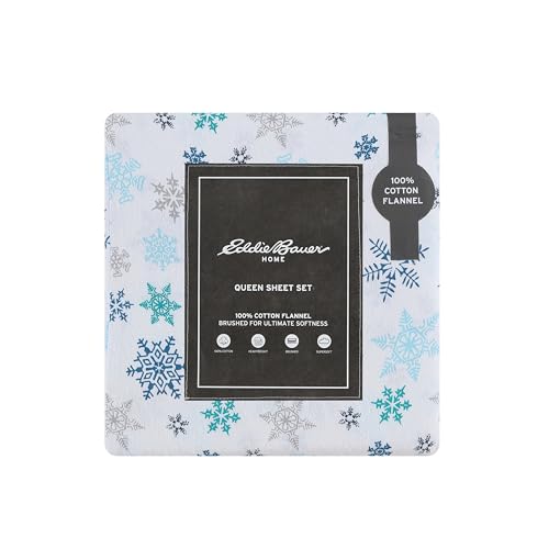 Image of Eddie Bauer - Flannel Sheets Queen Size, Anti-Pilling & Wrinkle Resistant Cotton, Touchably Soft for All-Season Comfort - Bed Sheets with Matching Pillowcases & Fitted Sheet (Tossed Snowflake Blue)